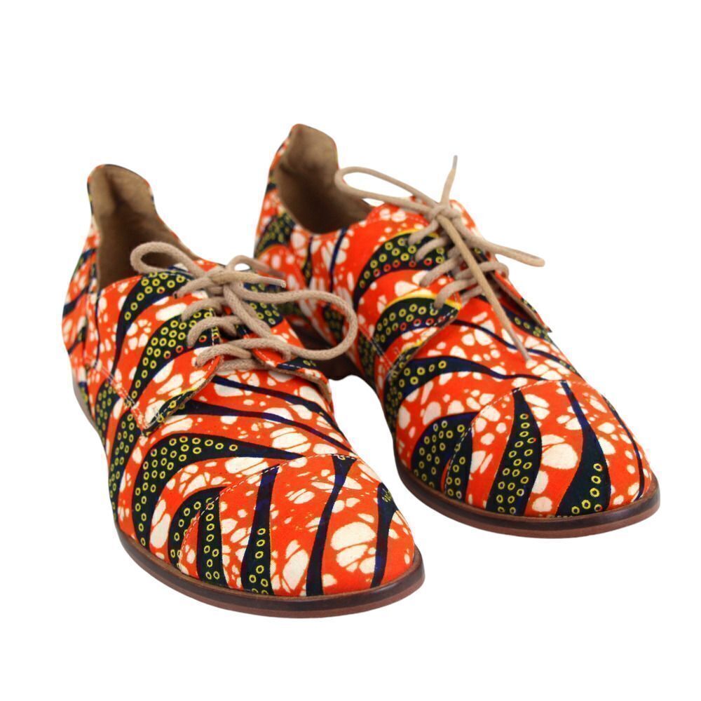 ORANGE BLACK TEXTILE LEATHER OUTSOLE LACE UP LOW HEEL ROUND TOE OXFORD SHOES 35